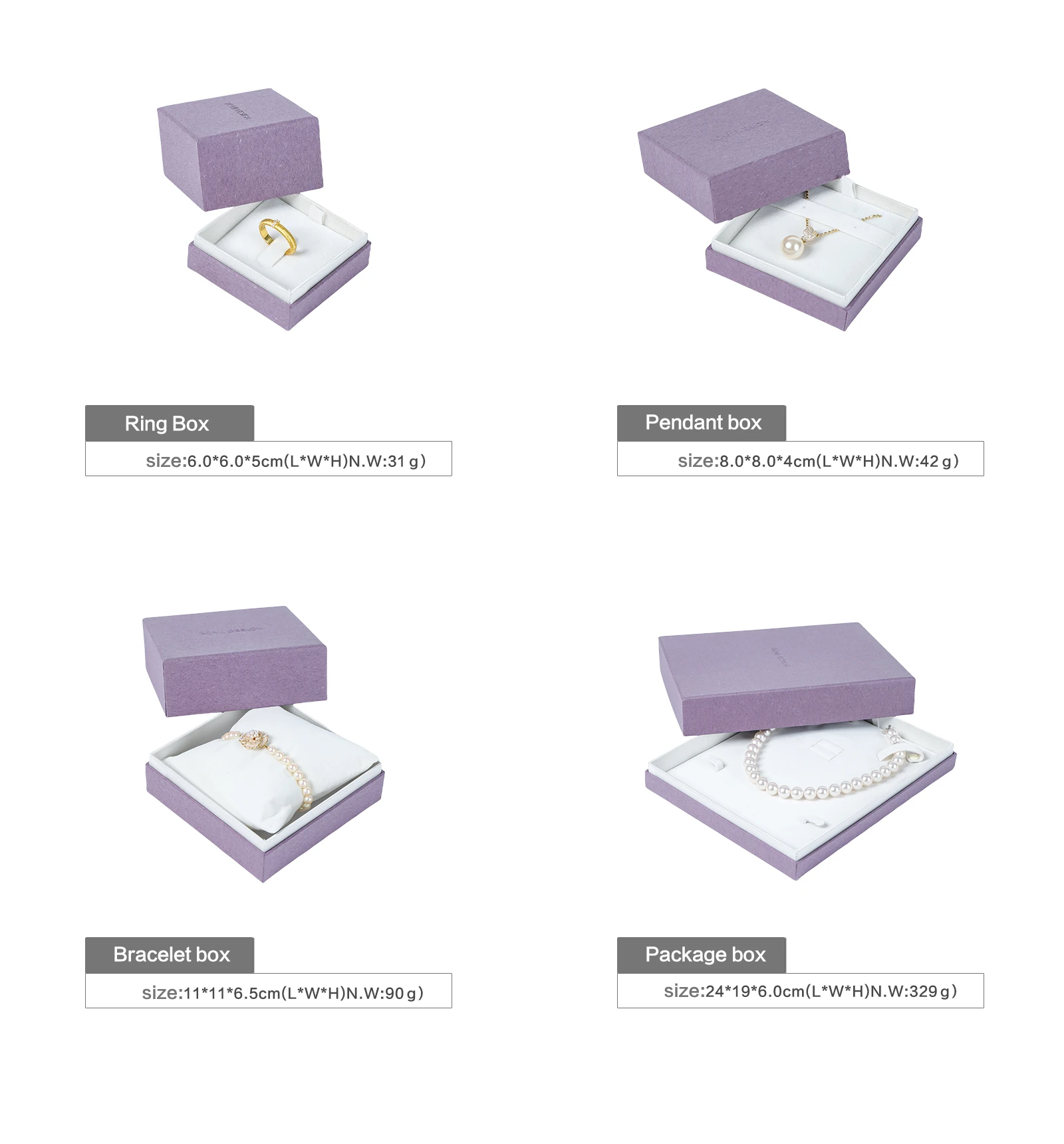 Custom specialty paper jewelry box purple 4 SKU — ring pendant bracelet package box, white velvet interior. ROMI DESIGN sustainable eco friendly custom jewelry packaging manufacturer for brands.