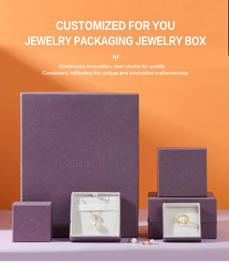 Custom specialty paper jewelry box purple hero collection — ROMI DESIGN purple paper boxes with white velvet interior for rings earrings. Custom purple jewelry boxes for jewelry brands, custom jewelry packaging manufacturer.