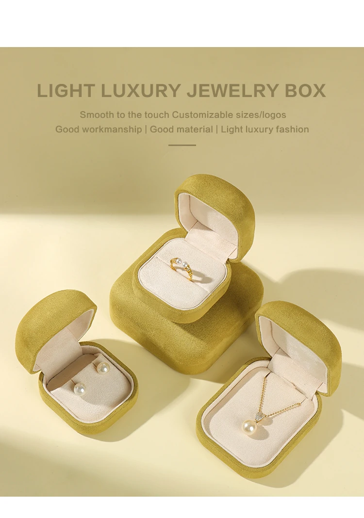 ALT TEXT 170 CHARS Luxury yellow velvet jewelry box 3-piece display — light luxury minimalist cases for ring, earring, and pendant. Smooth-to-touch suede finish, customizable sizes and logos for jewelry brands. Copy
