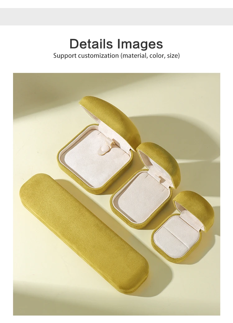 ALT TEXT 170 CHARS Yellow suede jewelry box 3 empty cases flat lay — open and closed display for ring, earring, pendant, bracelet. ROMI custom jewelry packaging supports material color size customization. Copy
