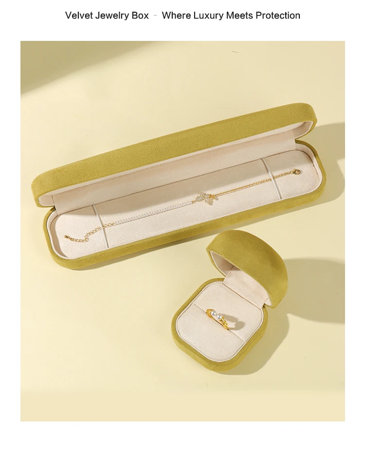 ALT TEXT 169 CHARS Yellow suede jewelry box bracelet and ring protection set — velvet round-corner cases for long bracelet and pearl ring. ROMI luxury jewelry packaging where luxury meets protection. Copy