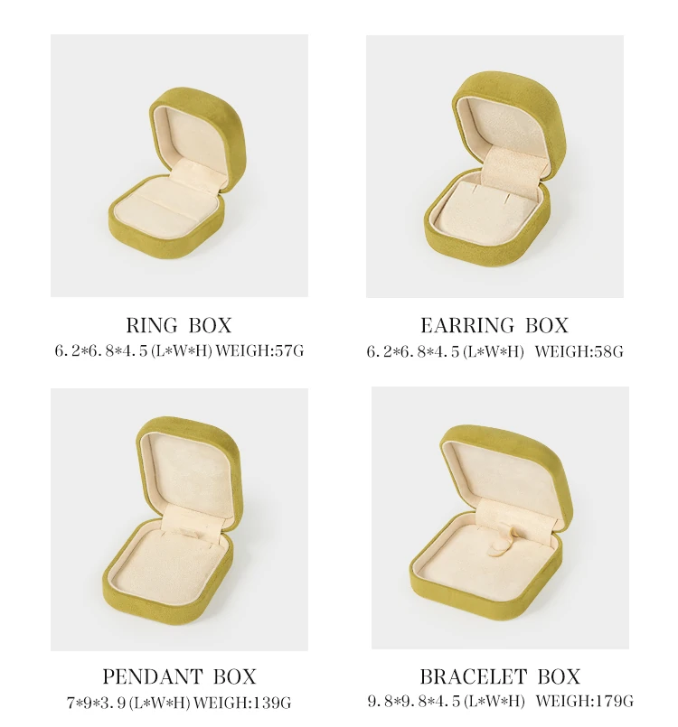 ALT TEXT 187 CHARS Yellow suede jewelry box 4-piece size set — ring 6.2x6.8cm, earring 6.2x6.8cm, pendant 7x9.3cm, bracelet 9.8x9.8cm. ROMI custom velvet jewelry box for retail jewelry stores and gift sets. Copy
