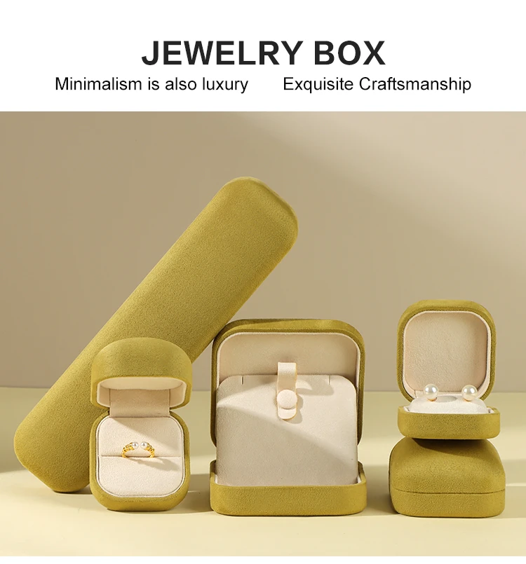 Yellow suede jewelry box set collection hero — minimalist round-corner design for ring, earring, pendant, and bracelet storage. Soft velvet finish suits luxury jewelry brands and gift packaging.