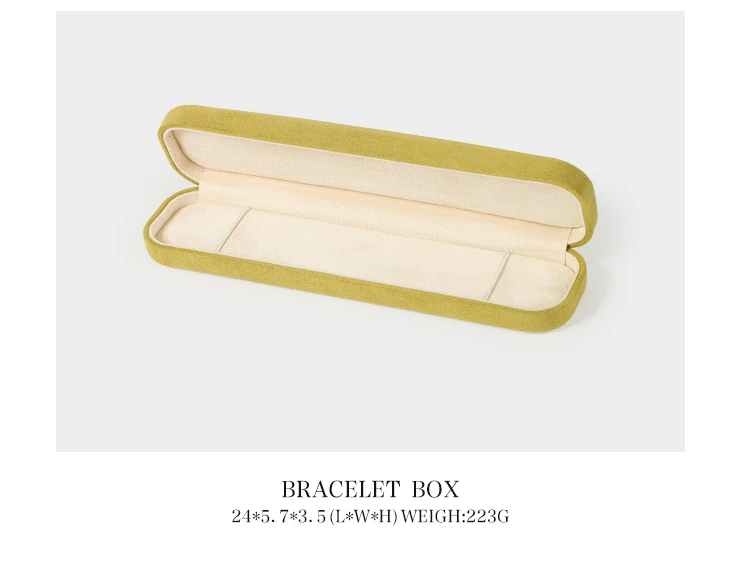 ALT TEXT 155 CHARS Yellow velvet jewelry box long bracelet 24cm — slim elongated case for thin chain bracelets and bangles. Premium suede jewelry packaging by ROMI custom manufacturer. Copy