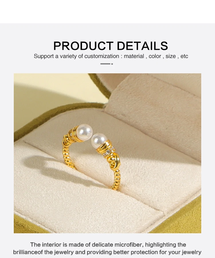 ALT TEXT 168 CHARS Yellow velvet jewelry box microfiber interior detail — gold pearl ring on delicate microfiber lining. Premium suede jewelry packaging highlights jewelry brilliance by ROMI. Copy