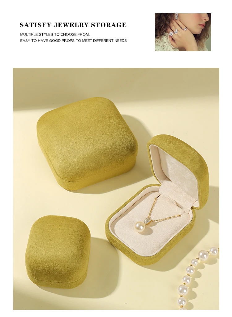ALT TEXT 166 CHARS Yellow velvet jewelry box storage collection gift set — large and small suede cases with pearl bracelet. ROMI custom jewelry box for wholesale minimalist luxury brands. Copy